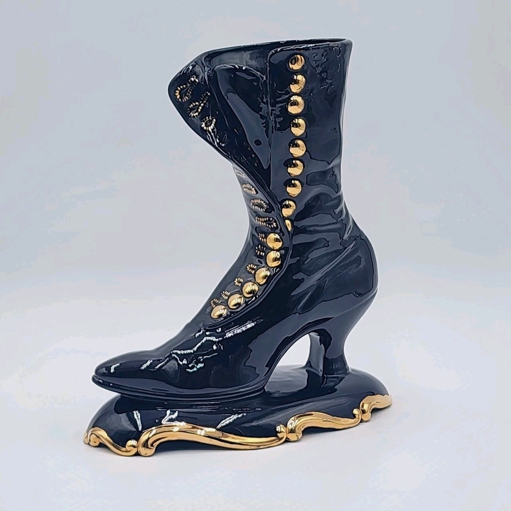 Vintage Ceramic Victorian Boot Vase Planter Black Gold Attributed Atlantic Mold